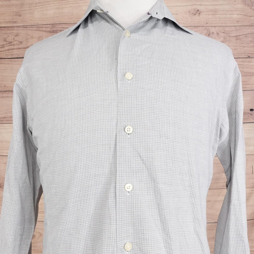Egara‎ Shirt Mens L Gray Check Long Sleeve Button-Up Slim Fit Cotton Casual